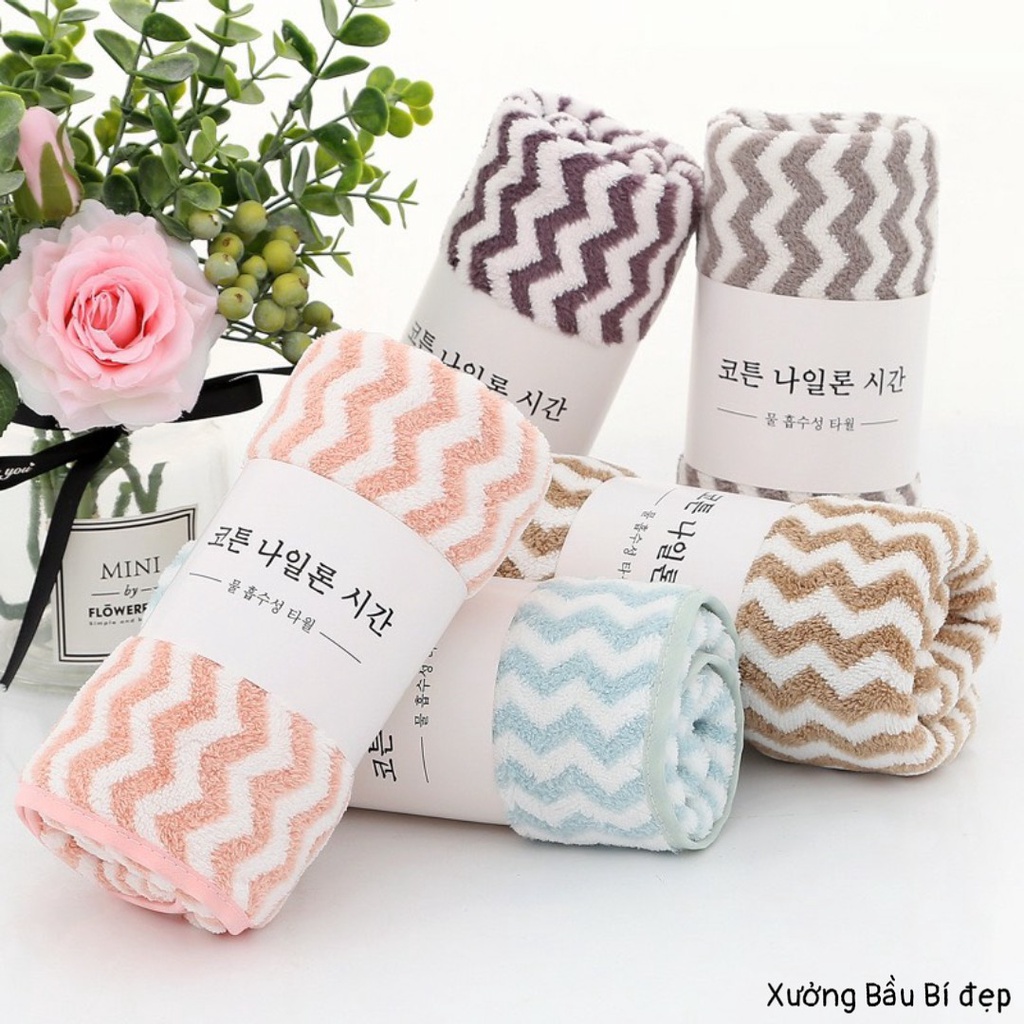 Khăn mặt lông cừu xuất dư vân kẻ sọc với chất liệu mềm mịn thấm hút nước tốt (kèm ảnh thật) KM01