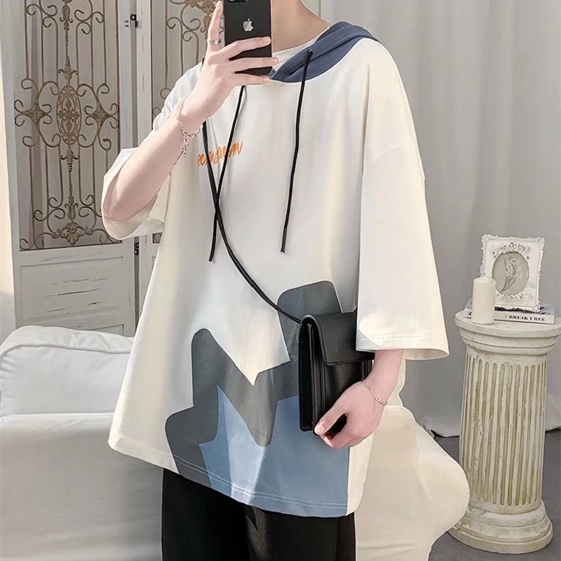Áo Hoodie Tay Ngắn Dáng Rộng In Chữ Phong Cách Hàn Quốc Thời Trang Cho Nam Size M-3XL