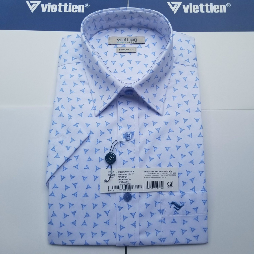 Aó sơ mi Việt Tiến smart casual ngắn tay ,tà ngang mã 6Q0370NR1 chính hãng ,cao cấp - form suông REGULAR -TÀ NGANG
