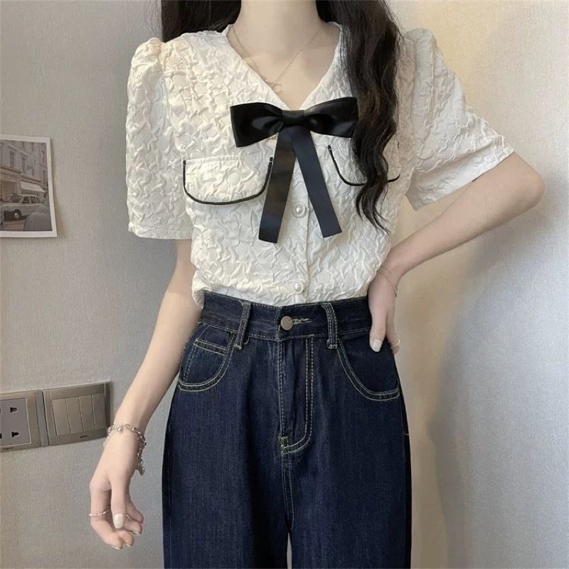 Áo Tiểu Thư Cổ V Kèm Nơ