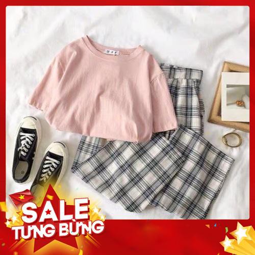 set áo phông kèm quần ống rộng kẻ caro -Hàng nhập khẩu