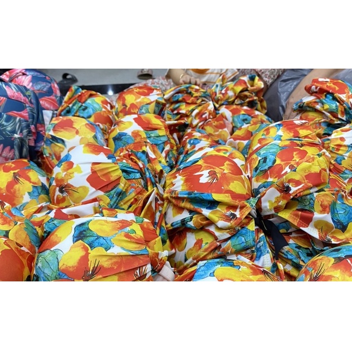 Bikini bộ bơi đồ bơi đi biển nữ set 3 món họa tiết hoa cam kèm khăn voan siêu sang EVA SHOP S3MHC