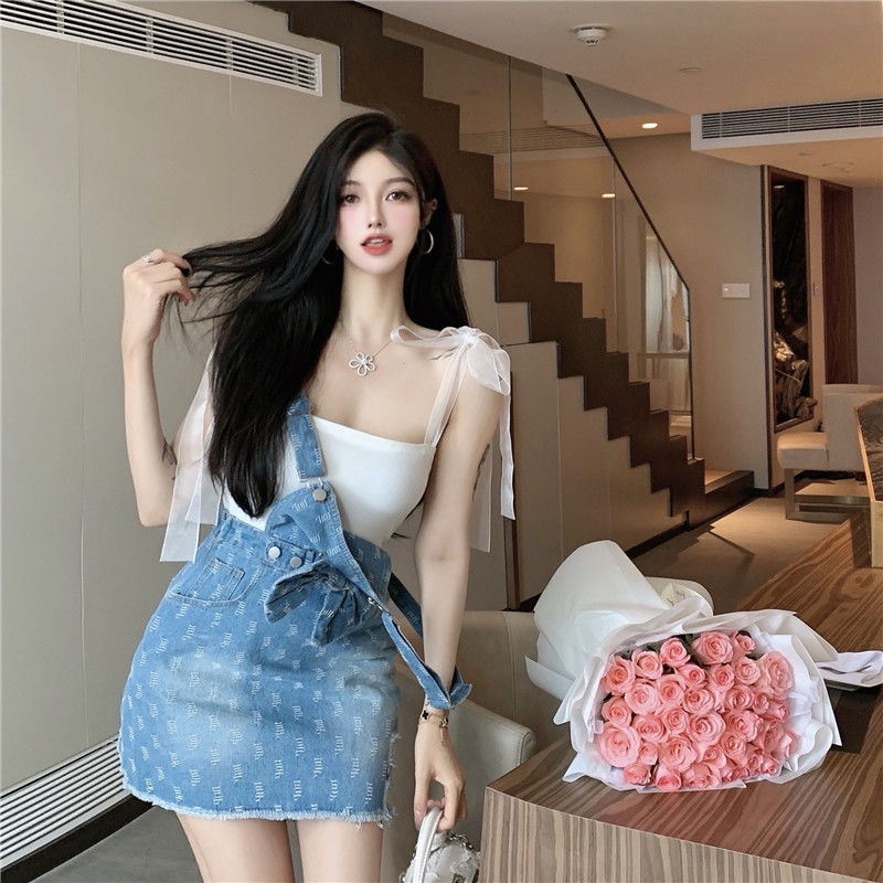 DoggyQin denim strap skirt women's summer 2021 new short style skirt short temperament suit suspender dress
