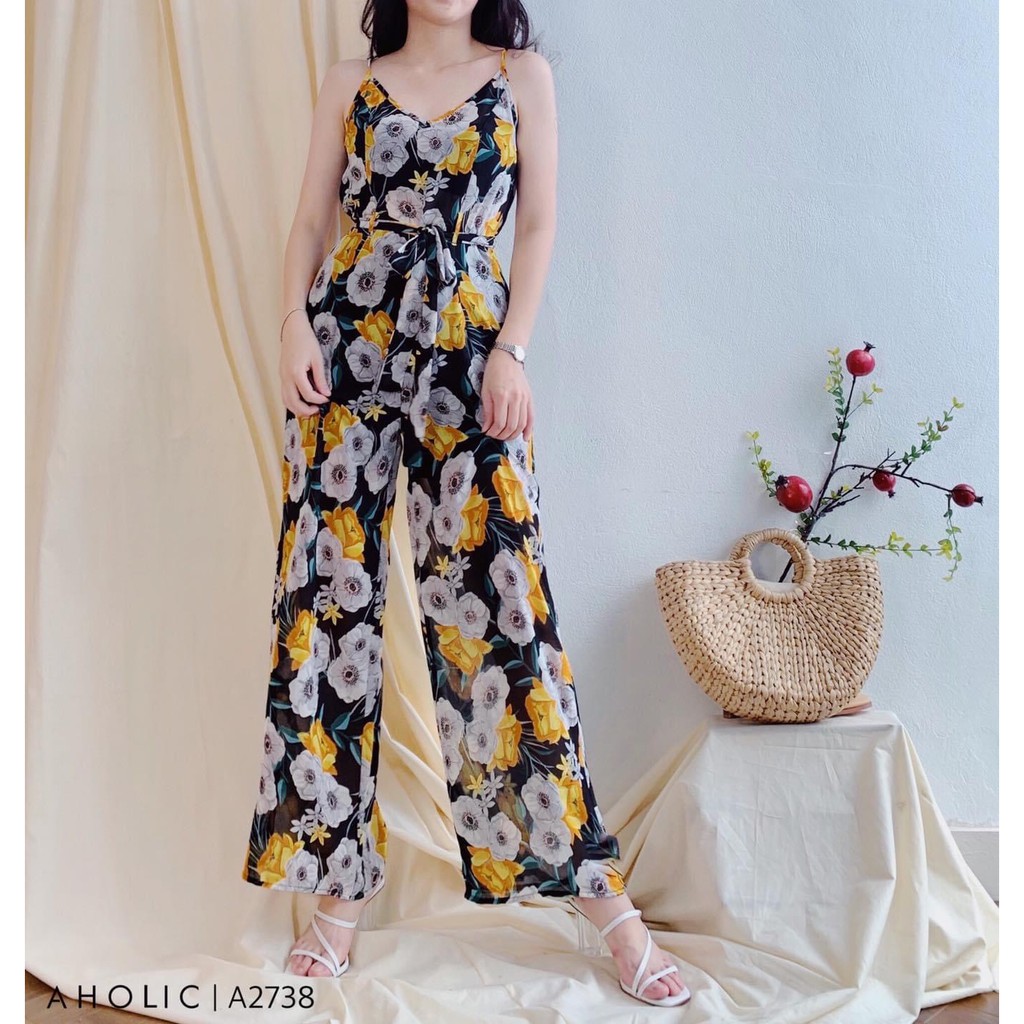 Jumsuit hoa dáng cullotes 2 dây vải mềm kèm belt Aholic A2738