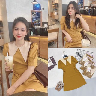 V552 Đầm công sở tone vàng tôn da thiết kế cổ sen nhọn hottrend, chất vải thô mát mềm.