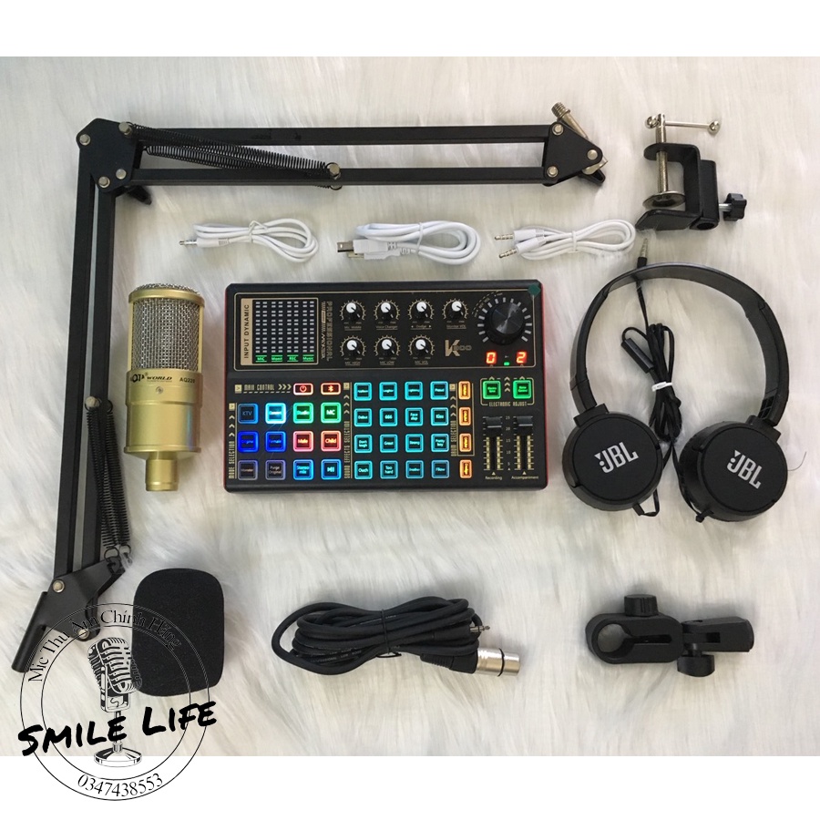 Combo Thu Âm Livestream Mic AQ220 Sound Card K300 Bluetooth autotune Chân Kẹp Mic Tai nghe chụp
