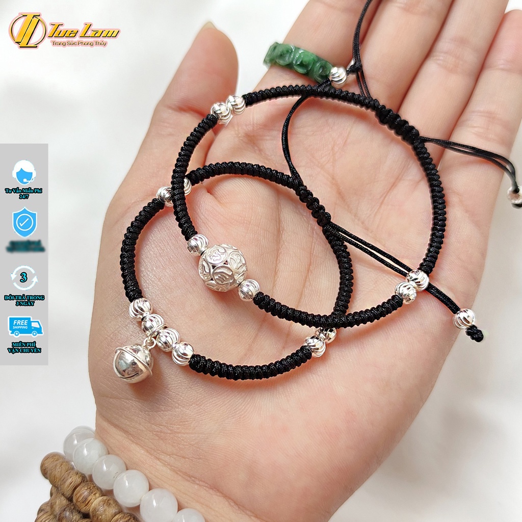 Vòng tay đôi nam nữ dây chỉ đen may mắn bện charm bạc S925 bình an hợp mệnh - Tuệ Lâm