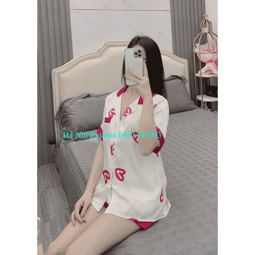 [Ảnh Thật] Đồ Bộ Pijama, đồ ngủ nữ cộc -đùi - Lụa LATIN Cao cấp mác SAM họa tiết trái tim