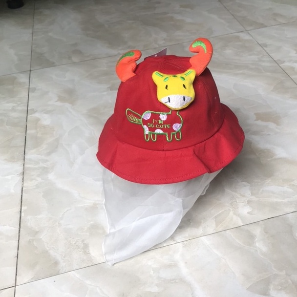 Mũ vành hình trâu kèm khăn voan bé gái