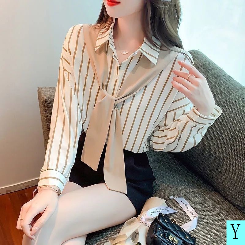 Áo Sơ Mi Tay Dài Dáng Rộng Giả Hai Lớp Kèm Khăn Choàng Họa Tiết Kẻ Sọc Thời Trang Xuân Thu 2022 Mới
