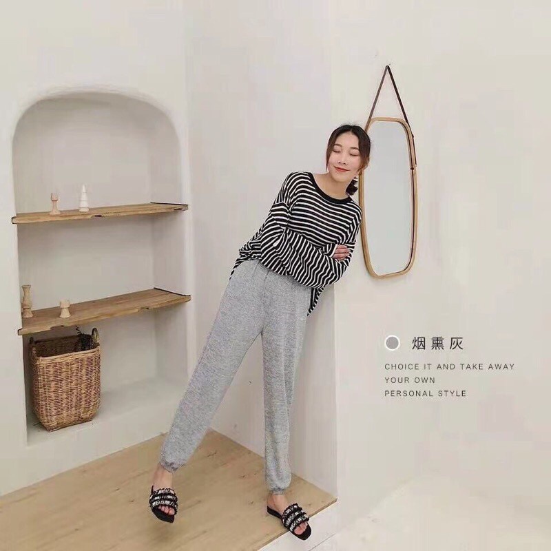 quần len tiêu thêu chữ jogger lưng cao dáng thụng mặc nhà