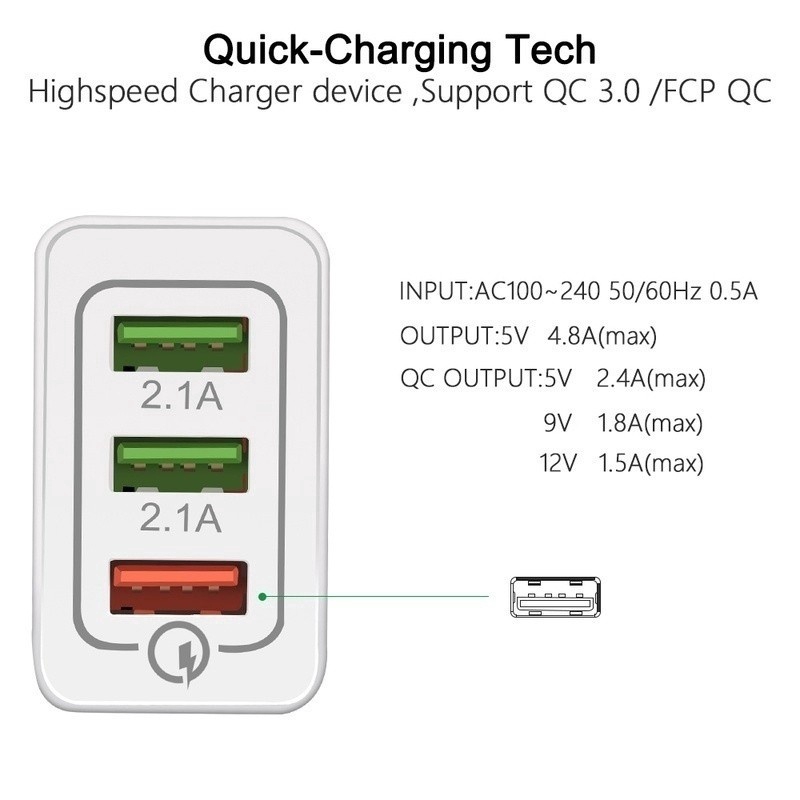 Củ sạc chia 3 cổng USB QC3.0 5V 3A phích cắm chuẩn EU tiện dụng