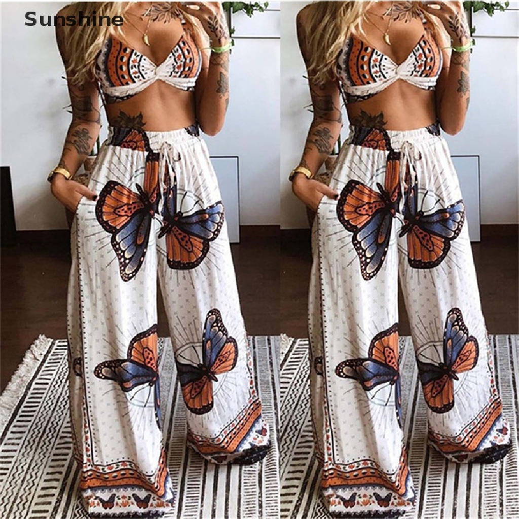 Set đồ đi biển 2 mảnh quần ống rộng in họa tiết phong cách boho cho nữ