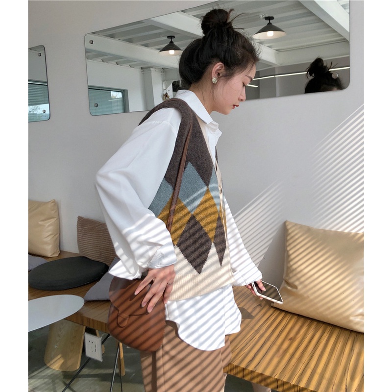 Áo Len Không Tay Cổ Chữ V Form Rộng Họa Tiết Sọc Caro Phong Cách Retro