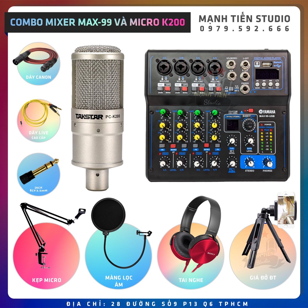 Combo thu âm livestream Vip 2020 mixer Max99 và Micro K200  Tặng full phụ kiện dây kết nối giá tốt nhất