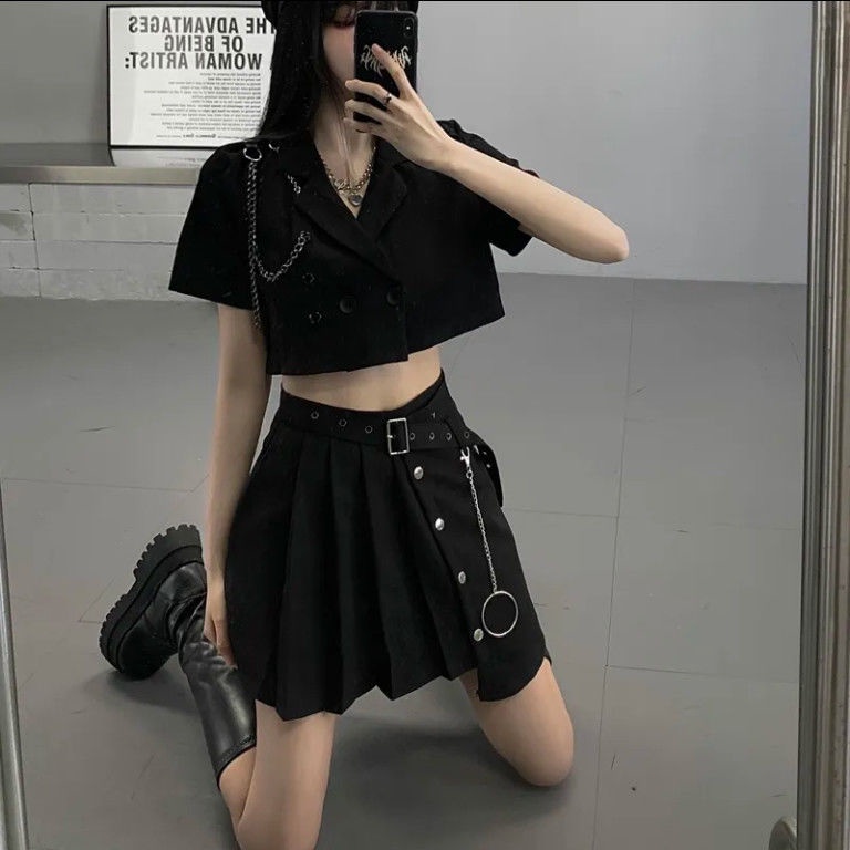 Bộ Áo Ngắn Tay+Chân Váy Xếp Ly Lưng Cao Xinh Xắn Dành Cho Nữ