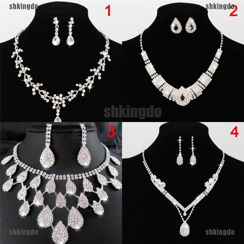 Dây Chuyền Và Bông Tai Cô Dâu Đính Đá Pha Lê Hình Giọt Nước