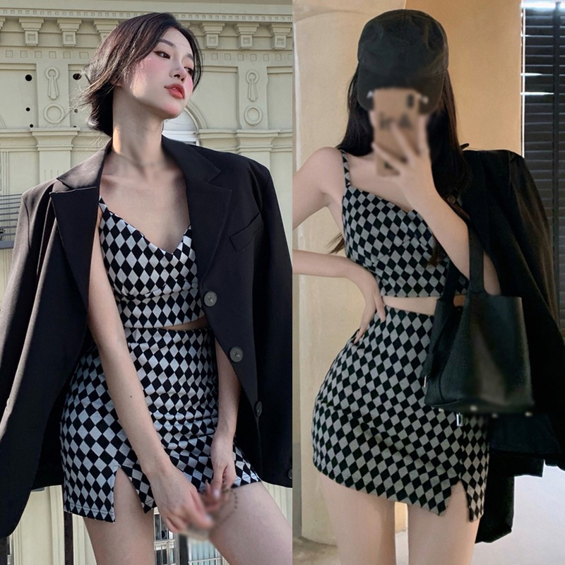 Set Áo Croptop 2 Dây + Chân Váy Ngắn Xẻ Tà Quyến Rũ Cho Nữ