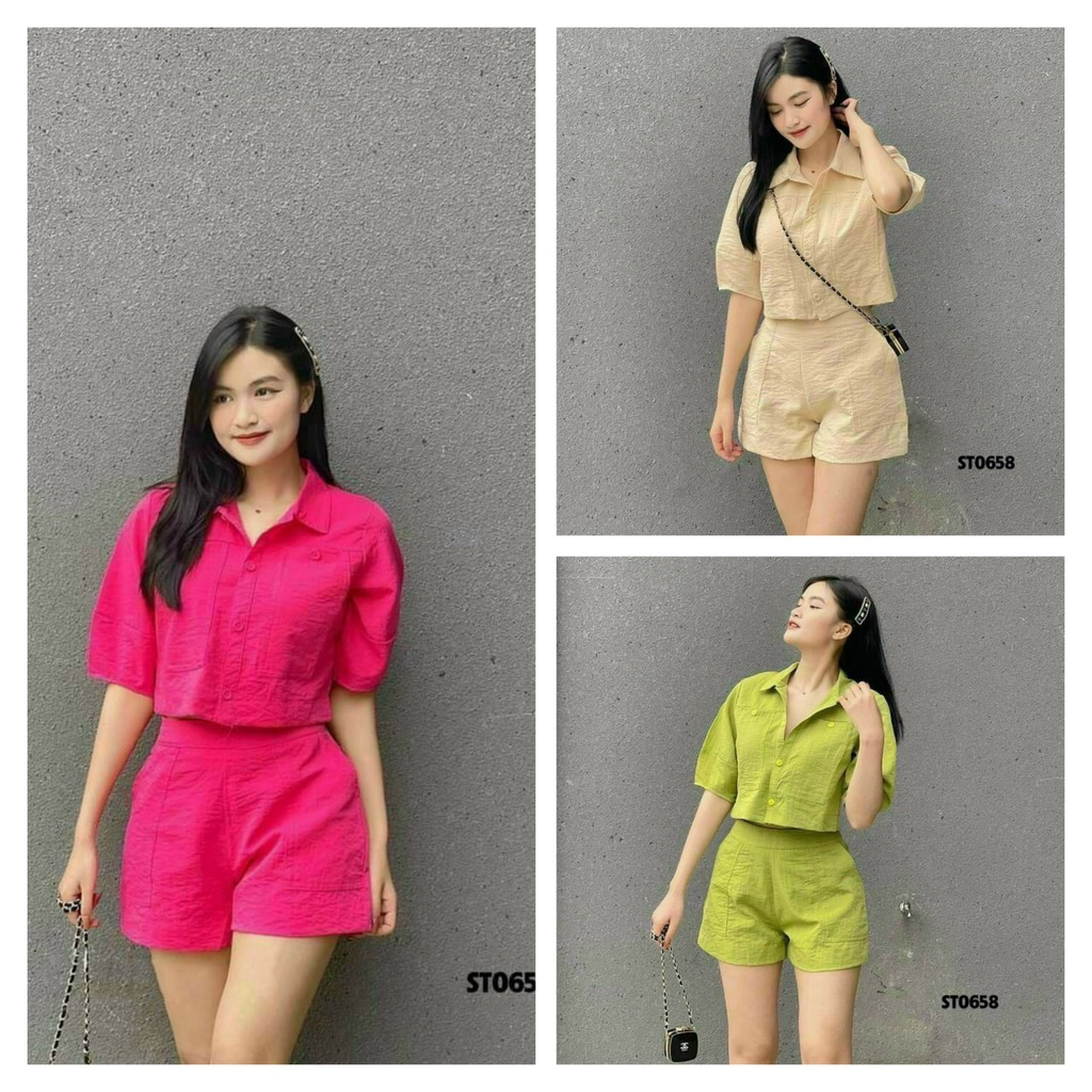 Set Đồ Nữ Thiết Kế Áo Kiểu Sơ Mi Kết Hợp Quần Ngố Chất Đủi Cực Kì Xinh Xắn Trẻ Trung DXS