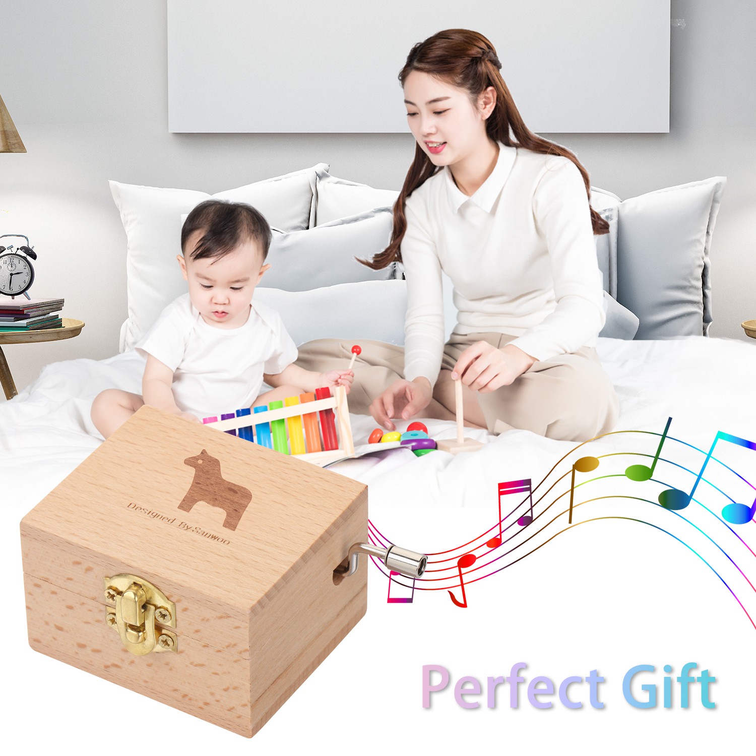 💜ZAIJIE💜 Mother's Day Wooden Hand Crank Birthday Musical Boxes Music Box Classical Thanksgiving Day Memorial Gifts Valentine's Day Antique Engraved