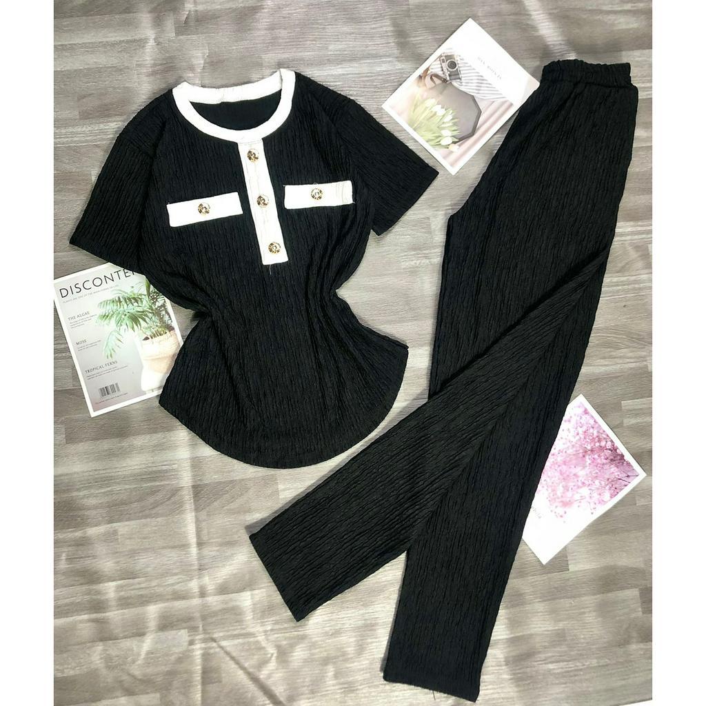 Sét đồ bộ nữ chất liệu xốp nhật cao cấp sét nữ áo tay ngắn phối quần dài Sét bộ đồ phối viền đính nút sang chảnh