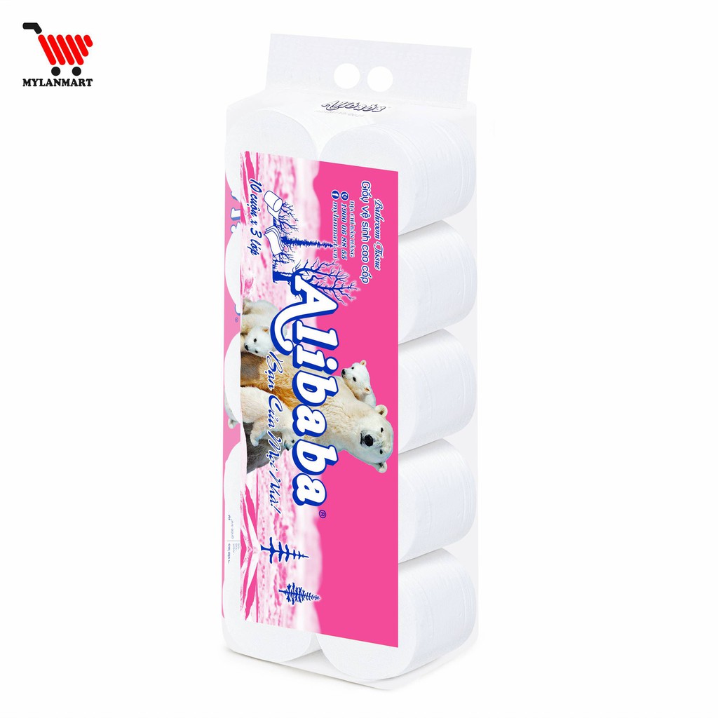 Giấy Vệ Sinh Alibaba Gấu Hồng 4 Lớp (10 Cuộn/1.7kg/ Xách) siêu dai, mềm mịn, tan nhanh trong nước