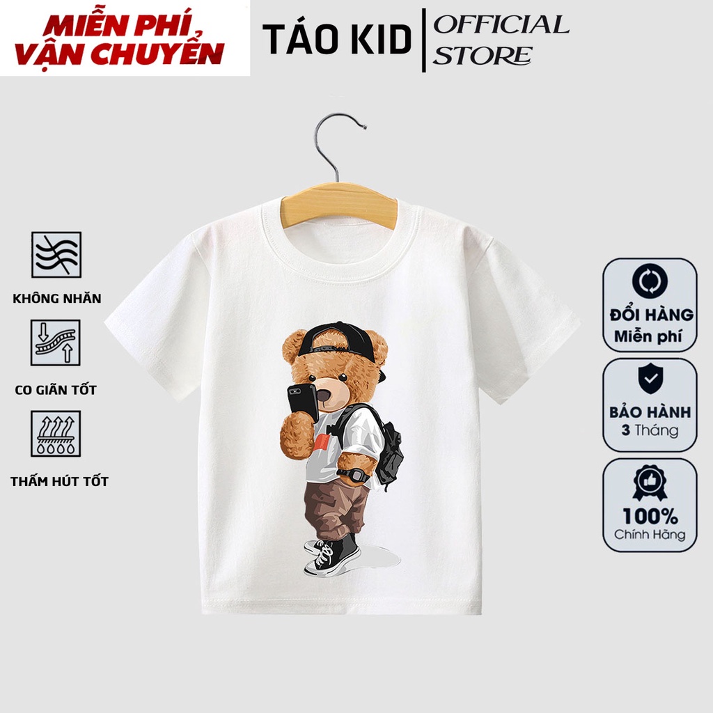 Áo thun bé trai bé gái cộc tay Táo Kid chất cotton in hình Gấu Selfie từ 0 đến 10 tuổi hàng VNXK TA38