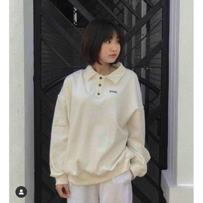 Áo polo oversize gân in chữ xanh trắng đỏ nude tay dài (ảnh thật) New *