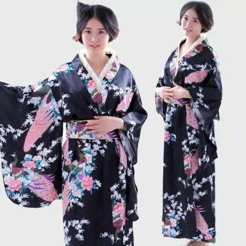 Áo Khoác Kimono Dáng Dài Họa Tiết Chim Hạc Phong Cách Truyền Thống Nhật Bản