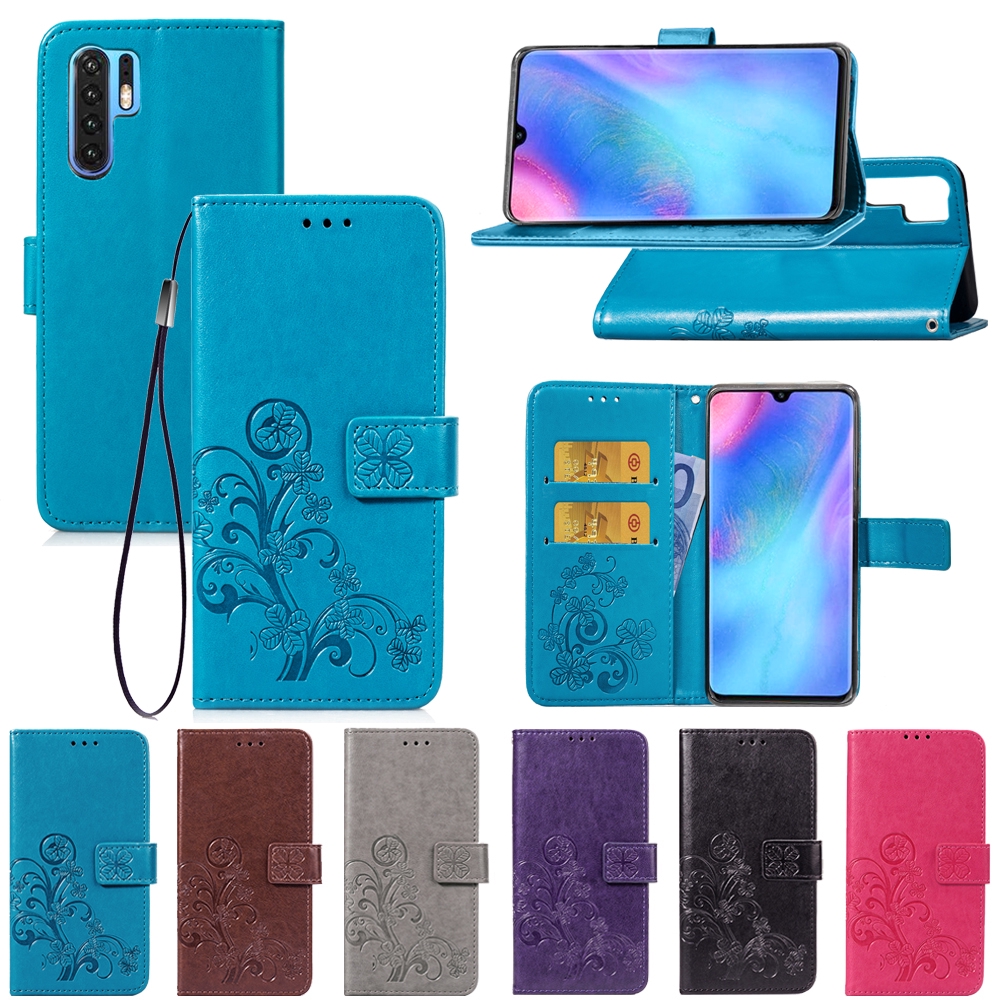 Bao da điện thoại PU dạng ví nắp lật khắc hình cỏ 4 lá cho Huawei P30 Pro/Y6 Pro 2019/Honor 8A No fingerprint/Y5 2019