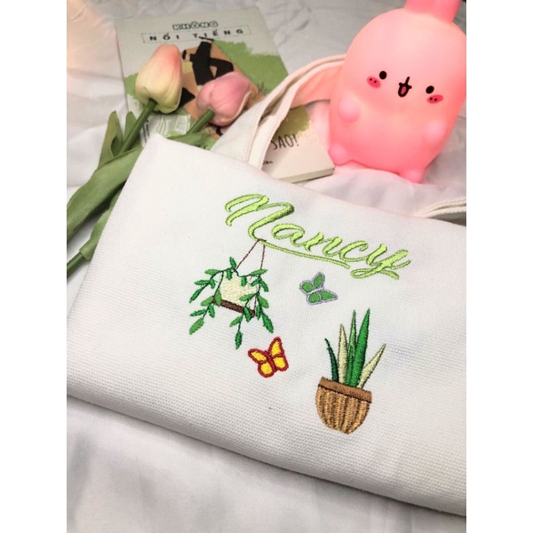 Túi Tote Thêu Tên Theo Yêu Cầu Kèm Hoạ Tiết Vườn Cây Thiên Nhiên, Vải Canvas, Túi Tote Nữ