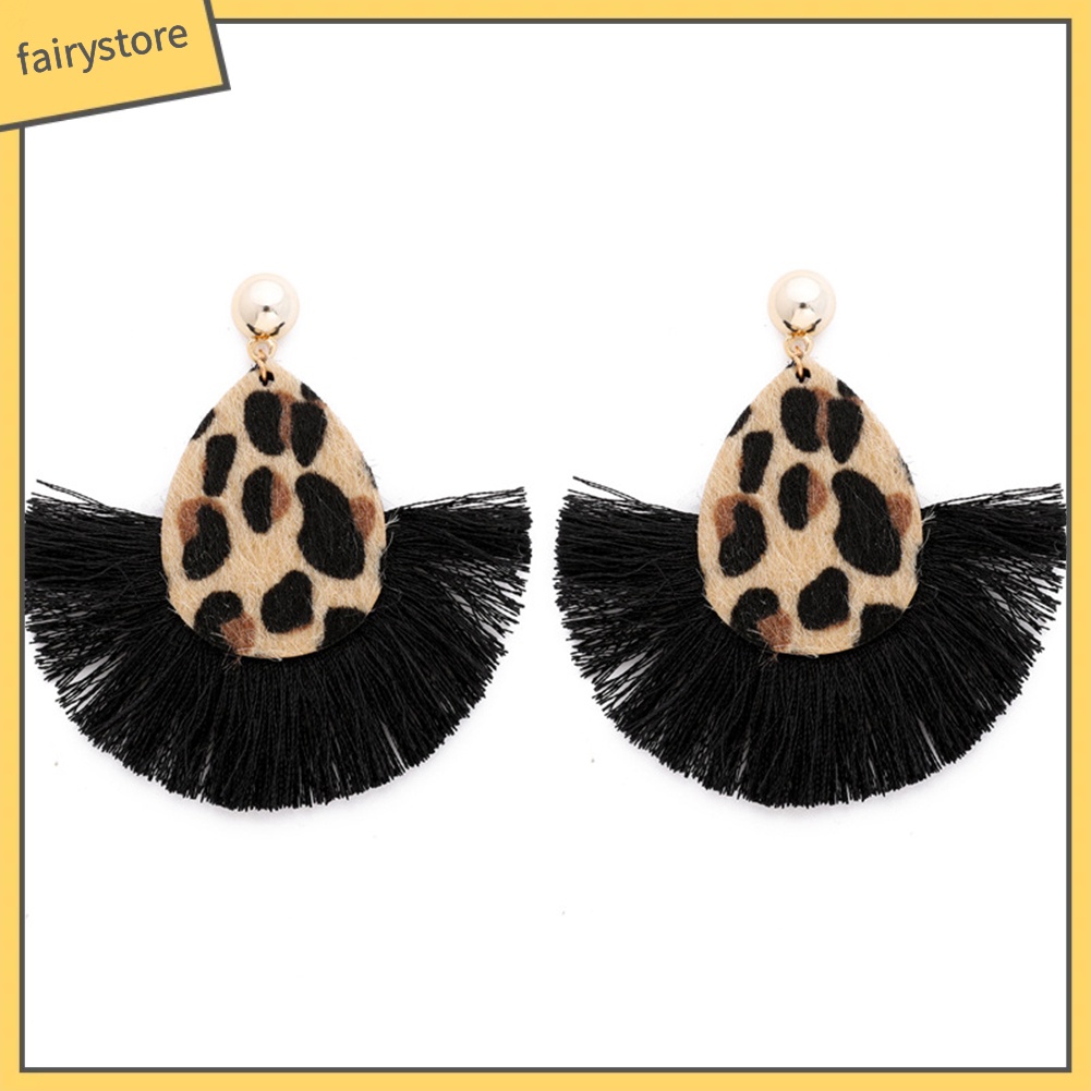 Hoa Tai Dáng Dài Phối Tua Rua Họa Tiết Da Báo Cá Tính