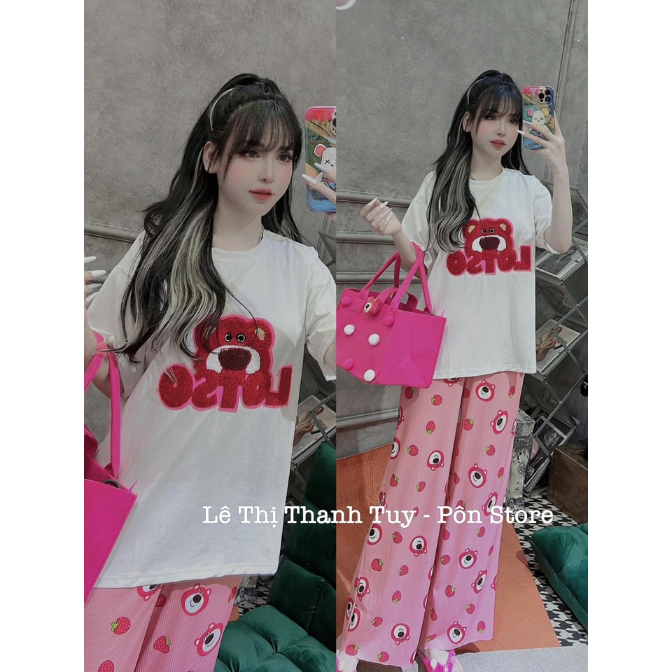 Set đồ bộ thun gân quần dài ống rộng họa tiết gấu hồng Gugumi.