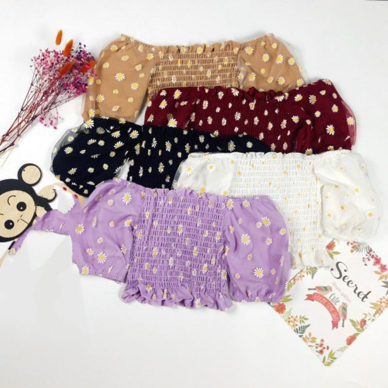 Áo Croptop Trễ Vai Hoa Nhí Phối Tay Voan Lưới Siêu Xinh Tuyết's House