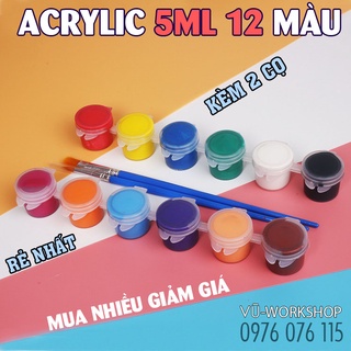 Bộ 12 Màu Vẽ Acrylic 5ML Kèm 2 Cọ Vẽ - Màu Acrylic Mini Vẽ Áo, Tô Tượng, Vẽ 3D, Giày, Thủy Tinh, Gỗ