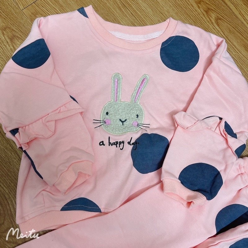 Bộ nỉ da cá dài tay bé gái hồng thỏ