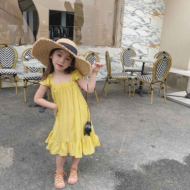 Váy cho bé gái Đầm Công Chúa Hai Dây Cổ Vuông Màu Trơn Thời Trang Mùa Hè Cho Bé Gái 1-6 Tuổi
