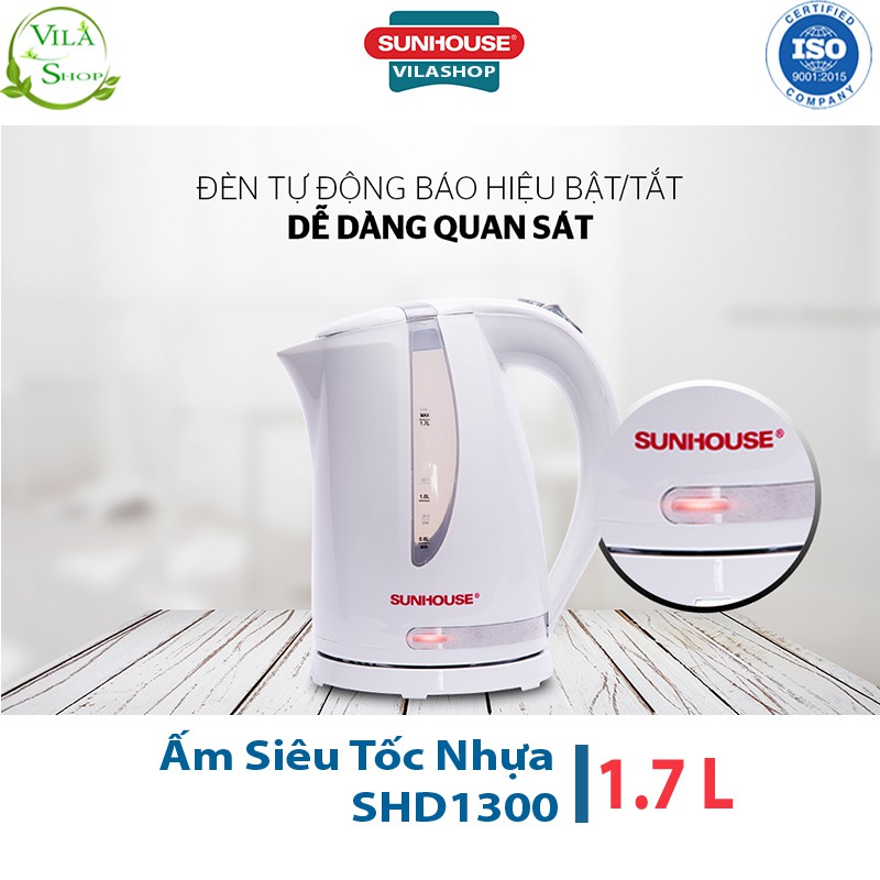 Ấm Siêu Tốc, Ấm Đun Nước Sunhouse SHD1300 - Dung tích 1.8L, Chất Liệu Thân Nhựa PP Nguyên Sinh Chịu Nhiệt Siêu Bền