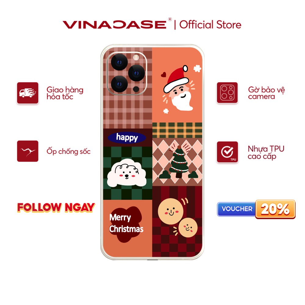 Ốp lưng Vina Case Iphone 6S/7+/X/Xr/11/13/13 Pro Max/..Silicone TPU dẻo viền vuông bảo vệ camera in hình Noel BST1