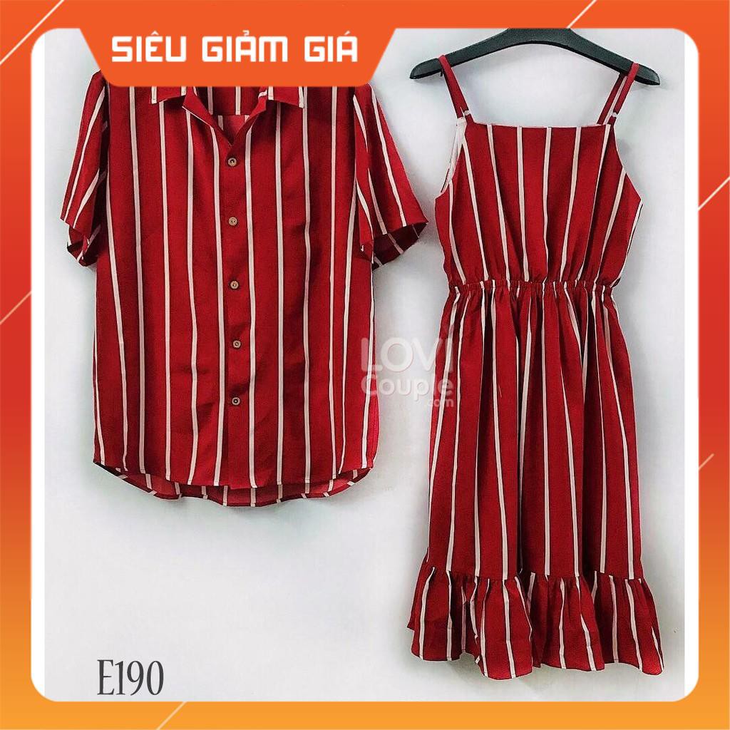 Đồ Đôi - Váy Sơ Mi Đôi Đi Biển Đỏ Sọc E190