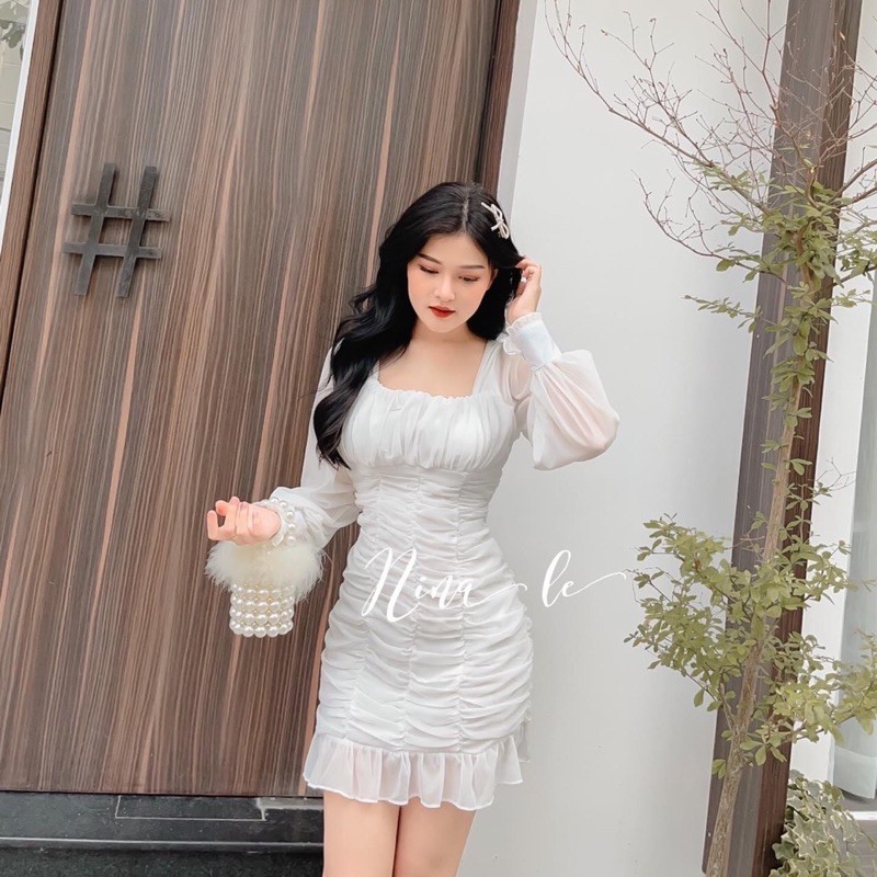 Đầm trắng nhún thân bèo đuôi(Chuyên sỉ )