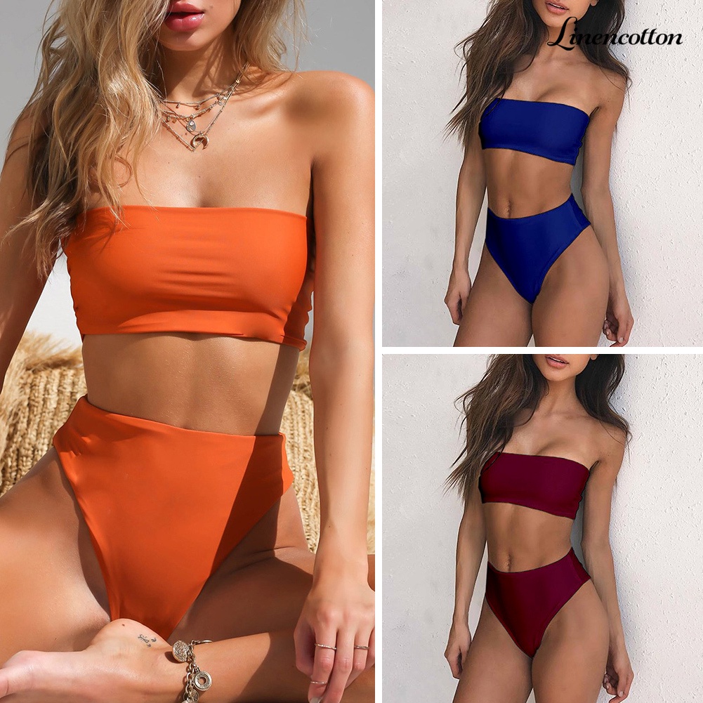 Bộ Đồ Bơi Áo Ống Màu Sắc Trơn Phối Quần Lưng Cao Thời Trang Cho Nữ