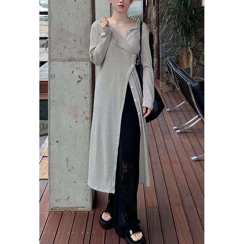 ☊Đầm dệt kim dài tay cài nút bên hông thiết kế mới thời trang xuân thu phong cách Hàn Quốc