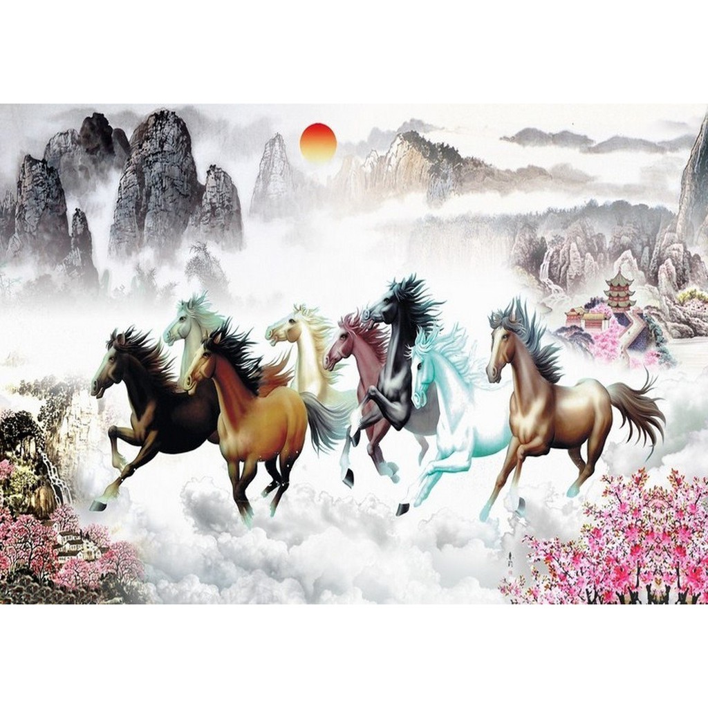 Tranh Dán Tường 3D Mã Đáo Thành Công - Tranh Tám Con Ngựa - Tranh Ngựa -  Vải Lụa Kim Tuyến | Shopee Việt Nam