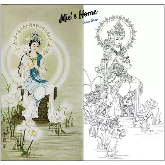 TRANH Phật QUAN THẾ ÂM TỰ ĐỒ NÉT - TRANH THỦY MẶC - Đồ Nét làm Tranh Nghệ Thuật treo tường Quà tặng DIY - Mie Shop
