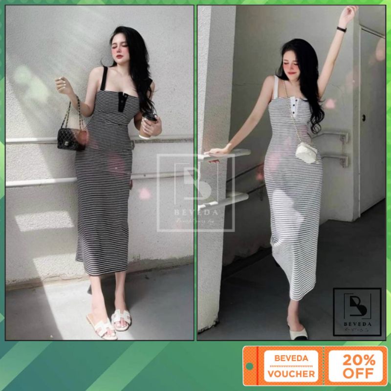 Đầm body nữ hai dây bản to phối nút sọc ngang dáng midi