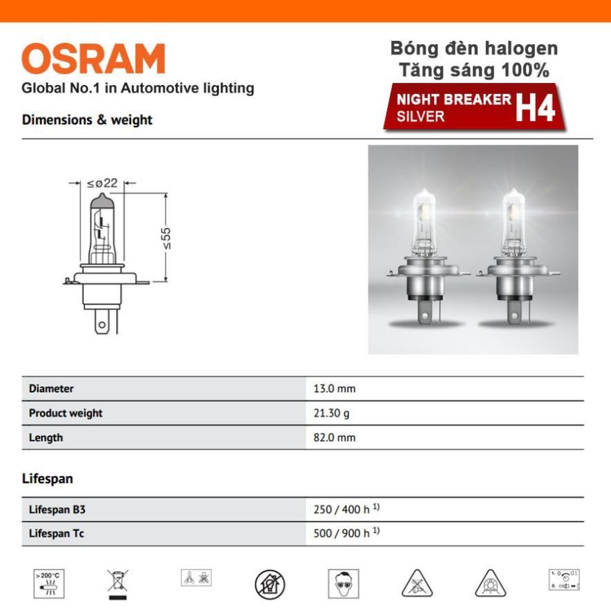 Bóng đèn halogen tăng sáng 100% OSRAM NIGHT BREAKER SILVER H4 12v 60/55w