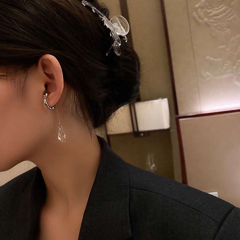 Bông Tai Dạng Kẹp Không Xỏ Đính Đá Pha Lê Tua Rua Dáng Dài Phong Cách Retro Thời Trang Hàn Quốc