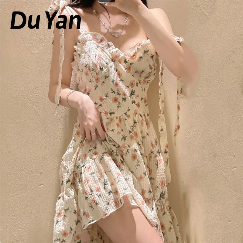 Đầm Hoa Hai Dây Chiết Eo Phong Cách Pháp Mới Cho Nữ