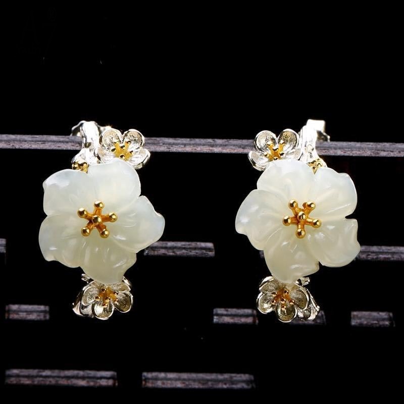 Khuyên Tai Bạc A7 Họa Tiết Hoa Anh Đào Đính Đá Ngọc Bích Trắng Chống Dị Ứng